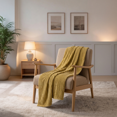 Maxstyle Çizgili Vizon Çift Kişilik Polar Battaniye Hardal 200x220 cm - 4
