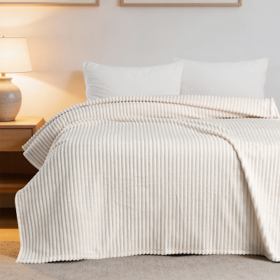 Maxstyle Çizgili Vizon Çift Kişilik Polar Battaniye Kemik 200x220 cm - 2