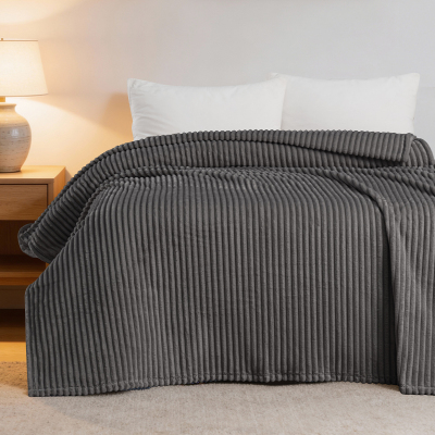 Maxstyle Çizgili Vizon Çift Kişilik Polar Battaniye Koyu Gri 200x220 cm - MAXSTYLE