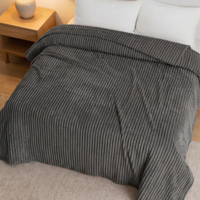 Maxstyle Çizgili Vizon Çift Kişilik Polar Battaniye Koyu Gri 200x220 cm - 2
