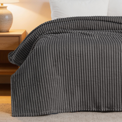 Maxstyle Çizgili Vizon Çift Kişilik Polar Battaniye Koyu Gri 200x220 cm - 3