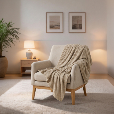 Maxstyle Çizgili Vizon Çift Kişilik Polar Battaniye Mocha 200x220 cm - MAXSTYLE