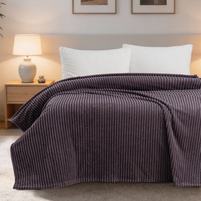 Maxstyle Çizgili Vizon Çift Kişilik Polar Battaniye Mürdüm 200x220 cm - 2